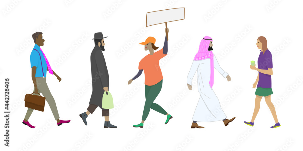 Isolated multicultural people walking side view. Cartoon people in different postures while walking. Set of vector images of passersby pedestrians.