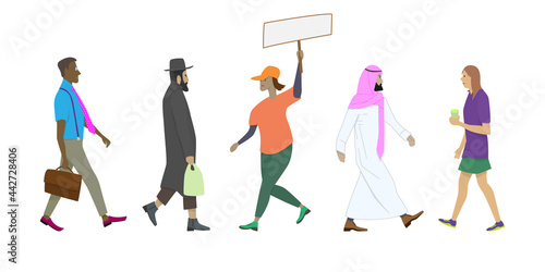 Isolated multicultural people walking side view. Cartoon people in different postures while walking. Set of vector images of passersby pedestrians.