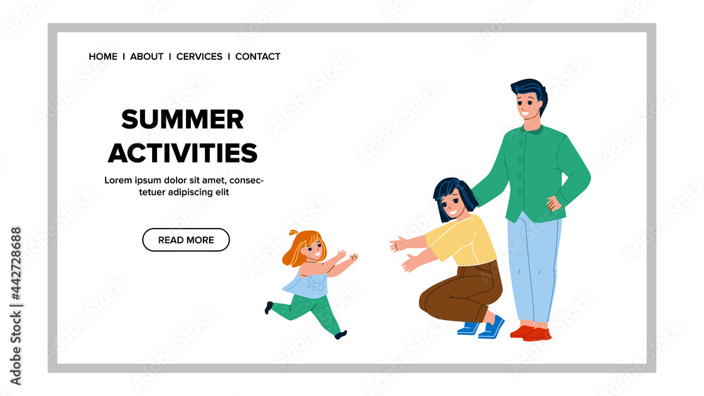 Family Summer Activities In Park On Holiday Vector. Daughter Running In Mother And Father Hug, Summer Activities On Vacation. Characters Parenthood And Childhood Web Flat Cartoon Illustration Family Summer Activities In Park On Holiday Vector. Daughter Running In Mother And Father Hug, Summer Activities On Vacation. Characters Parenthood And Childhood Web Flat Cartoon Illustration