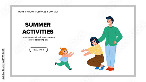 Family Summer Activities In Park On Holiday Vector. Daughter Running In Mother And Father Hug, Summer Activities On Vacation. Characters Parenthood And Childhood Web Flat Cartoon Illustration