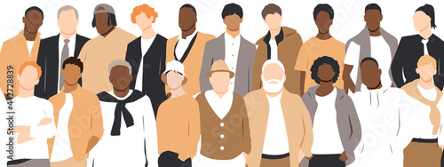 Men of different ethnicities stand side by side together. Flat vector illustration.