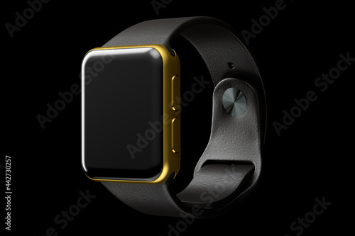 Stainless gold smart watch or fitness tracker isolated on black background.