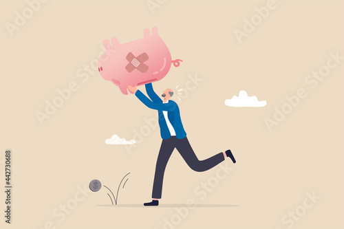 Poor retiree old man, broke losing all pension or retirement funds, financial problem, poverty or bankruptcy after retired concept, depressed worried old man shaking piggybank pension with no money.