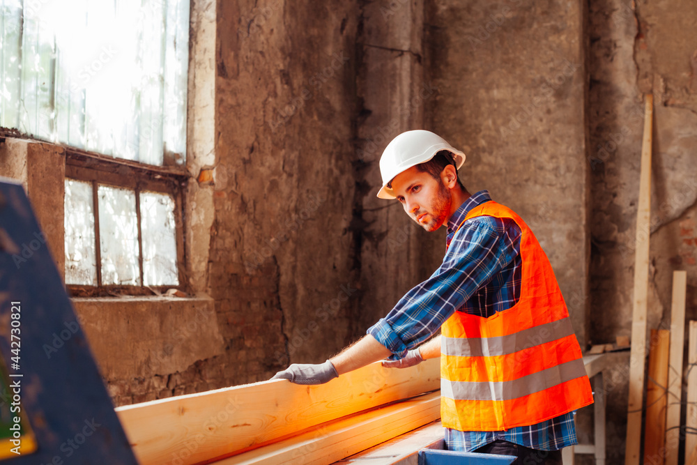 The young workers are cutting boards at the wood factory