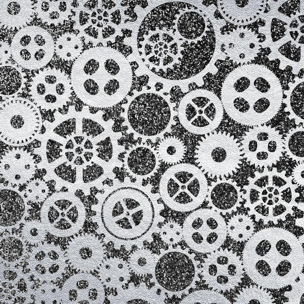 Silver metallic texture with gears. Sparkle steampunk material backdrop