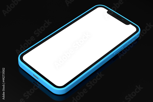 Realistic blue smartphone with blank white screen isolated on black background