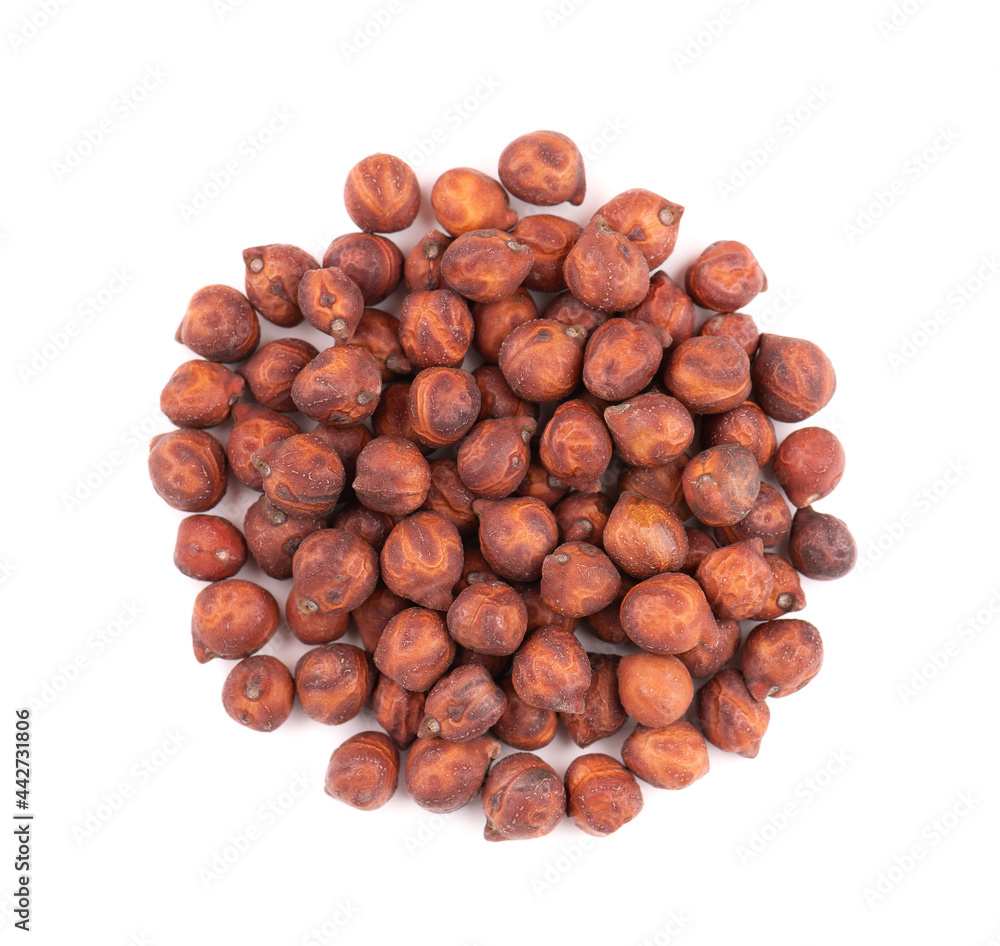 Pile of brown chickpeas, isolated on white background. Brown chickpea. Garbanzo, bengal gram or chick pea bean. Top view. Pile of brown chickpeas, isolated on white background. Brown chickpea. Garbanzo, bengal gram or chick pea bean. Top view.