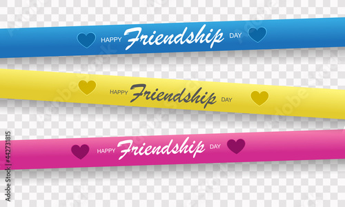 Happy friendship day poster. Realistic greeting card with friendship hands and bracelets. Festive postcard. Vector