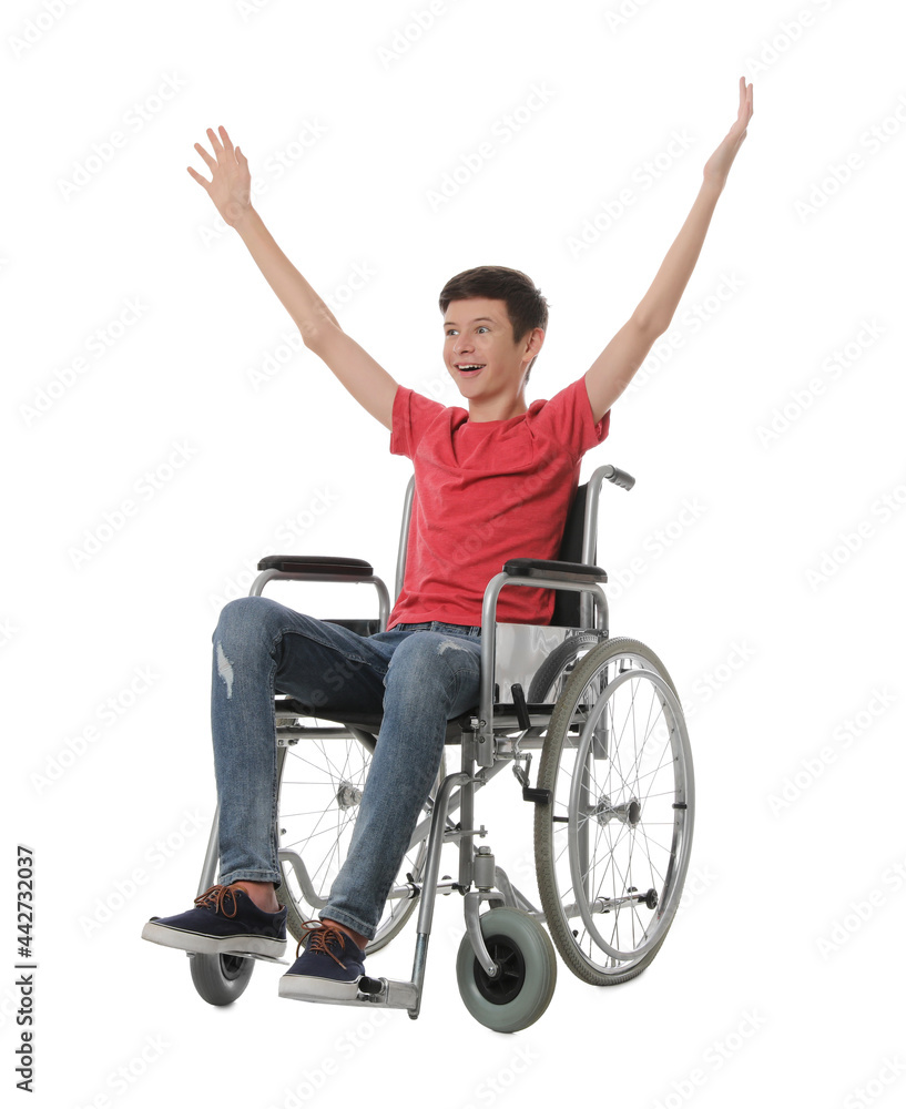 Emotional teen boy in wheelchair on white background Emotional teen boy in wheelchair on white background