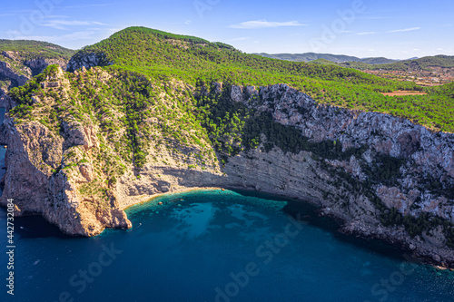 view of a island, green coastline and sea, mallorca, spain