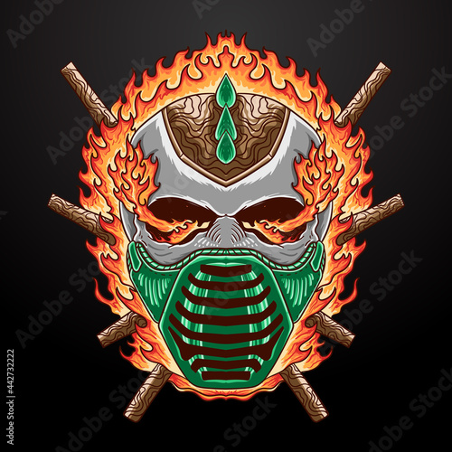 awesome t shirt design skull with mask on fire mascot logo line art engraving style illustration