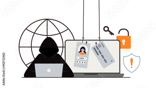 The criminal behind a laptop, computer. Hidden mining. Phishing notifications. Account hacking. A fraudster steals a bank card. Network security. Internet phishing, hacked username and password.