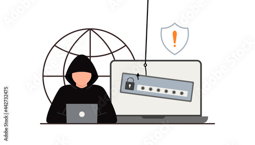 Hacker attack. Fraud with user data on social networks. Credit or debit card theft. Internet phishing, hacked username and password. Cybercrime and crime. A thief on a website online on the internet. photo
