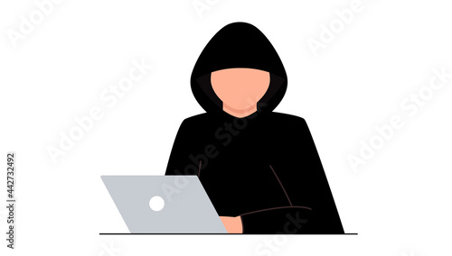 Hacker attack. Fraud with user data on social networks. Internet phishing, hacked password. Cybercrime and crime. A thief on a website online on the internet. The criminal behind a laptop, computer.