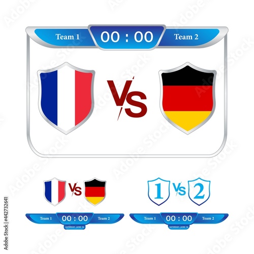 Free Download Sports match scoreboard with shield shapes and blue color lower thirds template for sports like soccer and football. France VS Germany vector illustration scoreboard broadcast lower thirds template. - GFXLoad