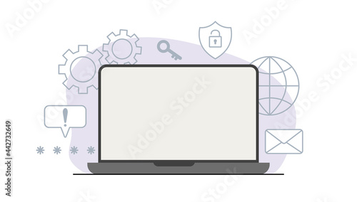 Laptop with safety icons. Internet emblem on the computer, mail, protection, notification, password and settings. Network security. Vector illustration. Blue and gray on a white background.