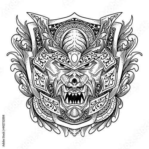 tattoo and t shirt design japanese hannya oni mask line art black and white engraving style