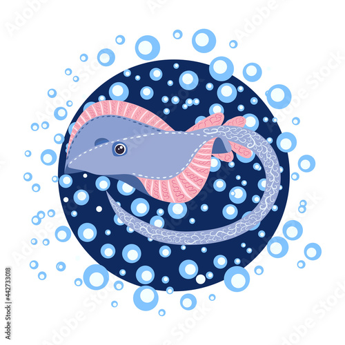 Ramp fish head magnified sea animal wildlife character illustration. Nature underwater ramp skate marine wild ocean zoo electric fish.