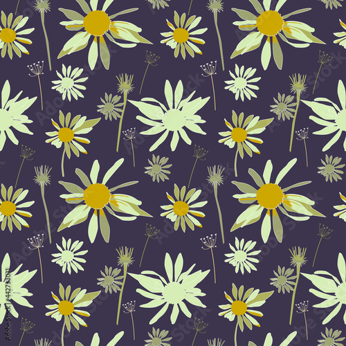 Seamless summer botanical pattern from Echinacea abstraction in yellow shades on a noble blue background	