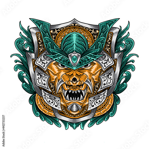 tattoo and t shirt design hand drawn Oni mask sword ornament illustration Premium Vector, green and metalic line art isolated poster design