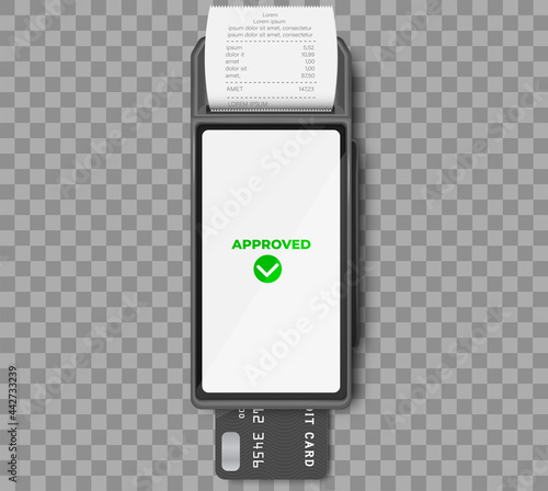 POS terminal Mockup template of bank payment terminal, Design. NFC payments concept. POS Terminal with Receipt Closeup Isolated. A purchase contactless or wireless manner.