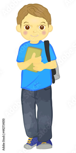 Caucasian boy whole body holding a notebook and backpack