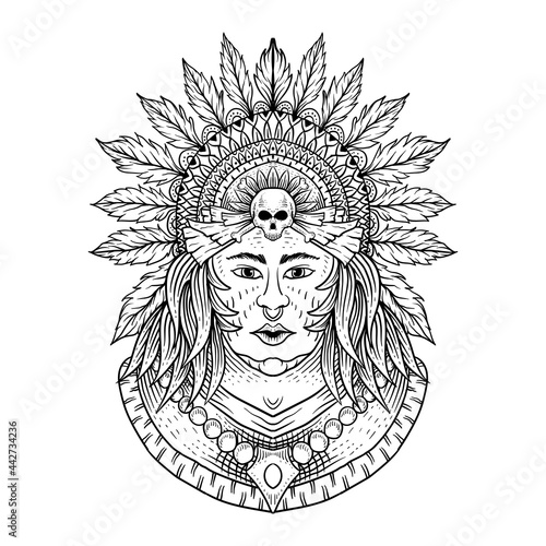 Native American Indian chief head profile. Vector vintage illustration. Hand drawn style. Bohemian element. Tattoo
