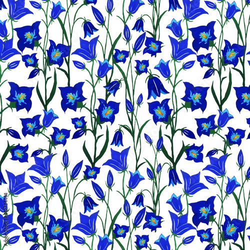 Seamless vector pattern with blue bells flowers, steams and leaves. Hand drawn marker botanical design on white background. Floral design for fabric, textile, wrapping paper, card, invitation.