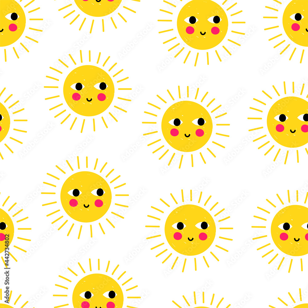 Cute cartoon vector sun seamless pattern. Simple funny texture in hand-drawn style. Print design for baby or kids fabric.