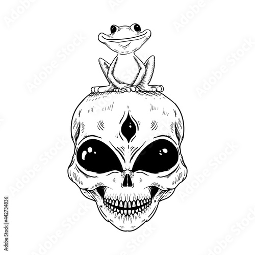 tattoo and t shirt design alien frog line art engraving style