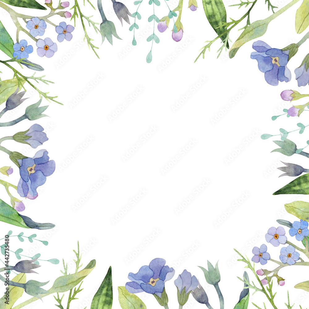 Watercolor floral frame with blue flowers on white background. Forget-me-nots and greenery. 