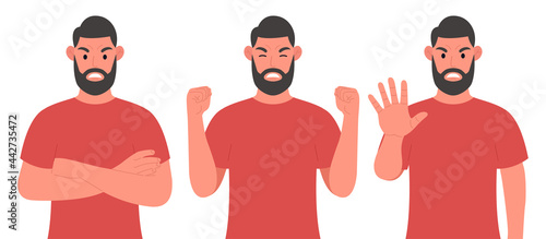 Bearded man in different poses shows the emotion of aggression. Angry male character. Vector illustration.