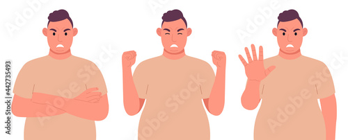 Fat man in different poses shows the emotion of aggression. Angry male character. Vector illustration.
