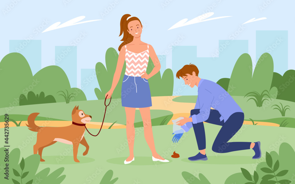 People cleaning up after dog pet vector illustration. Cartoon man character  holding plastic bag in hand