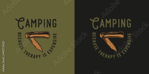 Camping penknife for travel print. Knife for traveler and tourist. Outdoor adventure equipment. Sport activity