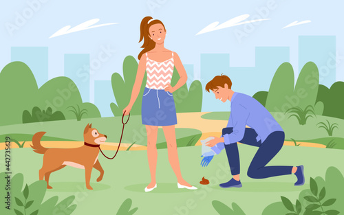 People cleaning up after dog pet vector illustration. Cartoon man character holding plastic bag in hand to clean poop after doggy, pet owner walking with animal in summer city green park background