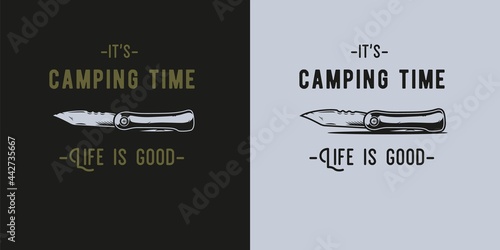 Penknife for camping travel print. Knife for traveler and tourist. Outdoor adventure equipment. Sport activity