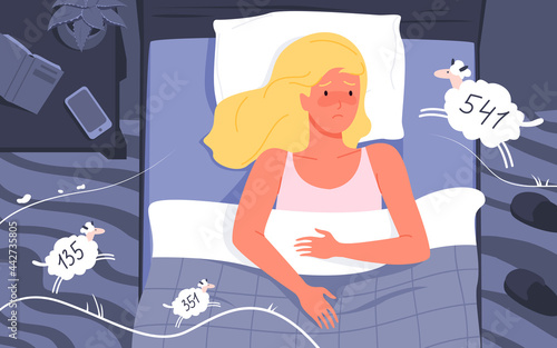 Cartoon sad young woman character with psychology sleeping disorder, depression trying to sleep background. Insomnia night medical problem of girl, lying in bed of home bedroom vector illustration