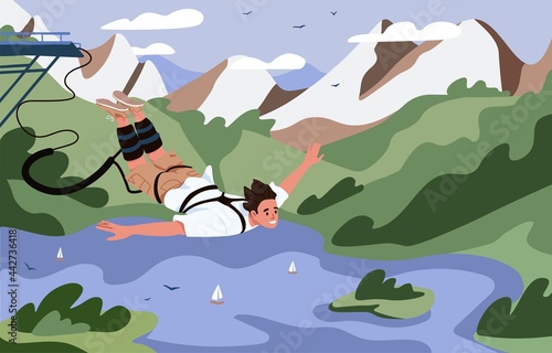Bungee jumping of rope jumper. Happy man falling down with elastic cord. Extreme bungy jump over summer landscape with lake and mountains. Flat vector illustration of person during land diving.