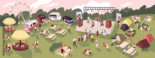 People at open-air music festival with rock band on stage, tents and food trucks. Crowd at summer concert in nature for adults and children. Flat vector illustration of outdoor live performance.