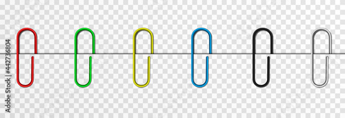Set of vector paper clips on isolated transparent background. Attached paper clip. Metal paper clip png.