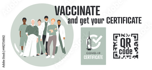 Vaccinate banner. Vaccine certificate. Covid-19 vaccine. Flat vector illustration.