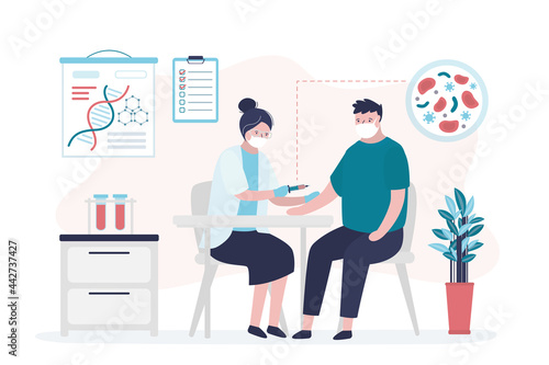 Male character came to take blood test. Nurse in mask taking blood sample for test composition