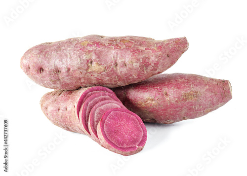 Purple sweet potato and half purple sweet potato on white background