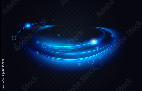 Neon blue luminous abstract light effect vector illustration. Dynamic circle moving sparkles and motion lines decoration elements, bright energy trails on transparent black background