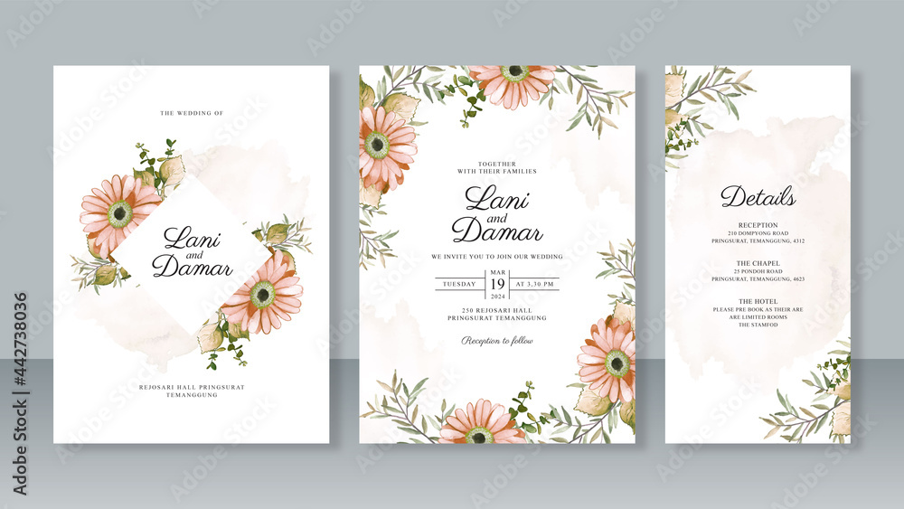 Watercolor floral painting for wedding invitation template set