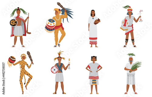 Aztec tribe people of ancient civilization set vector illustration. Cartoon man woman characters in traditional clothes and headgear holding weapon or ritual objects collection isolated on white