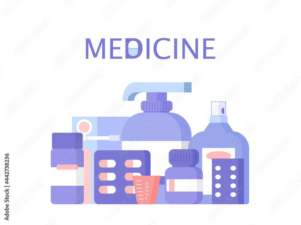 Medical equipment and medications.Tablets, capsules, sprays and disposable cup Medical equipment and medications.Tablets, capsules, sprays and disposable cup