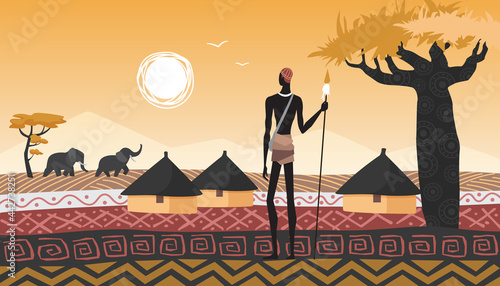 Africa landscape, village and African people vector illustration. Cartoon man with spear standing near houses in abstract geometric savanna, sun in sky, trees and elephant animals background