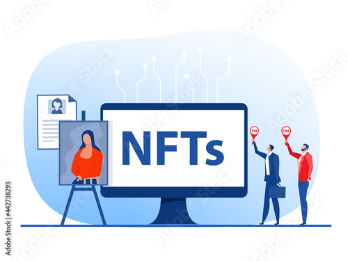Non fungible token sell and buy art on market place illustration landing page for websites, mobile applications vector